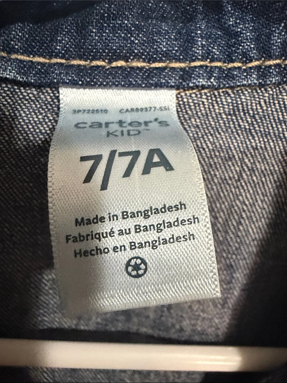 Girls' size 7 Dark Blue Denim Jacket with Button Front from Carter's